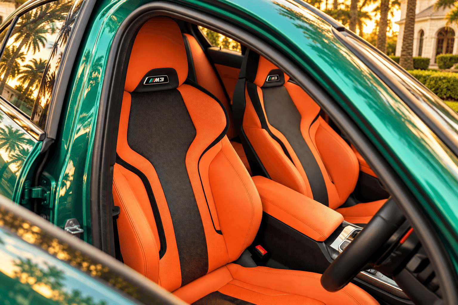 Orange and black BMW M3 seats
