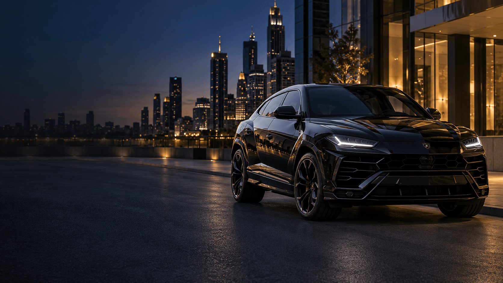 Black Lamborghini Urus beside the Melbourne skyline
